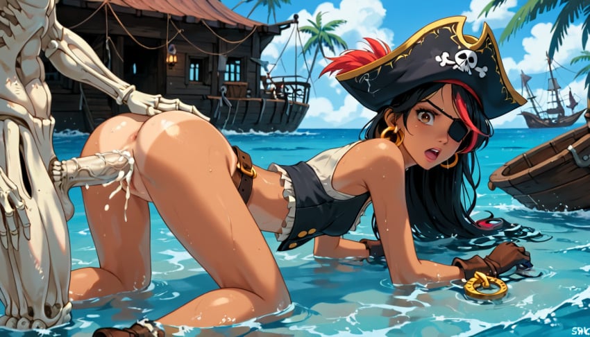 1girls ai_generated beach bent_over black_hair breasts cum cum_in_pussy cum_inside doggy_style ejaculation exposed_breasts eyepatch jewelry looking_back ocean original_character pirate pirate_captain_vanessa_red pirate_hat pirate_ship pussy red_highlights sex skeleton small_breasts suprised suprised_look tan_body tan_skin tanline terror139 uncensored undead vaginal_penetration vaginal_sex water