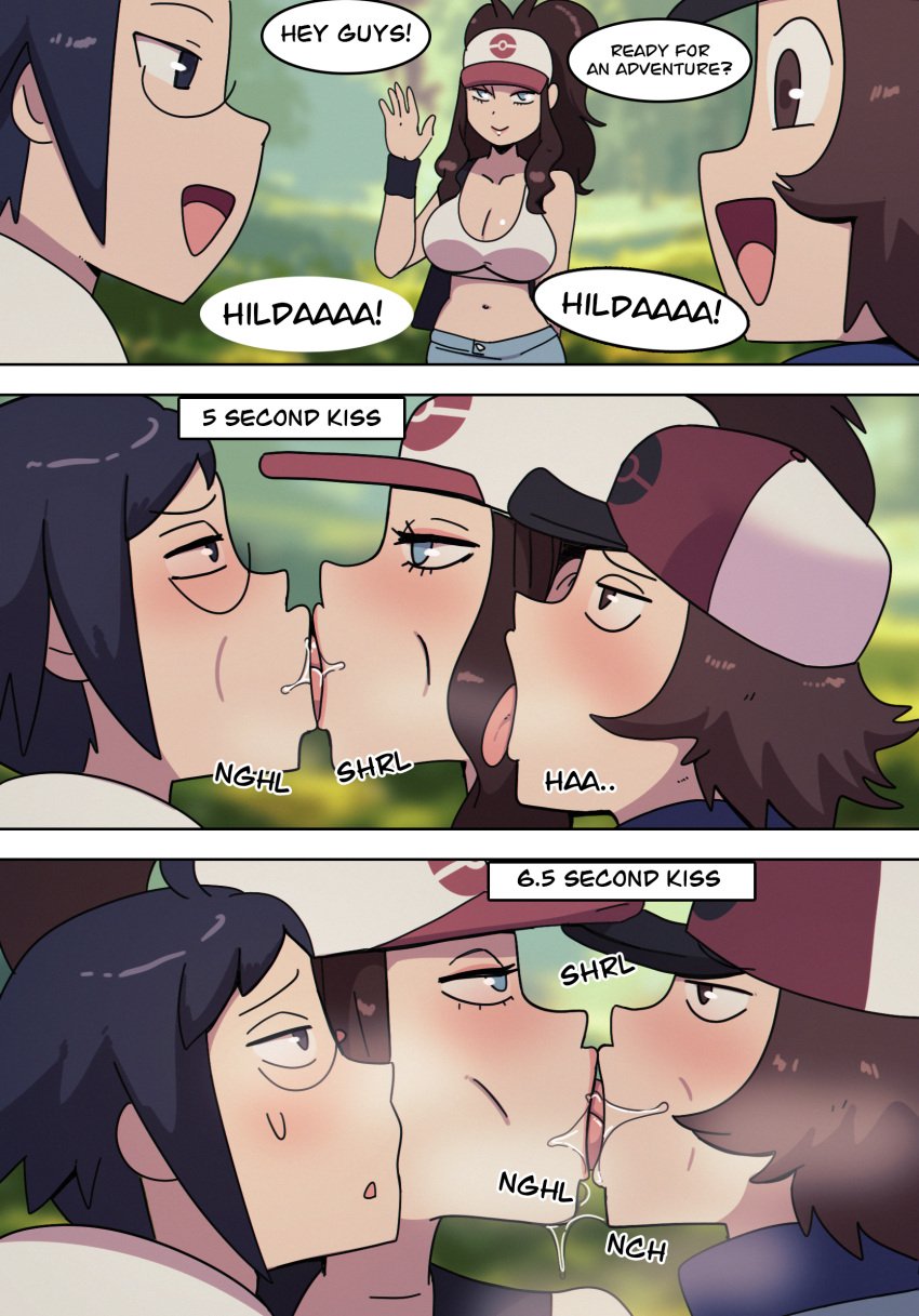 1girls 2boys blue_eyes blue_hair blush brown_eyes brown_hair cheren_(pokemon) dark_blue_hair dialogue english_text female glasses hasselnut hi_res hilbert_(pokemon) hilda_(pokemon) kissing lipstick long_hair male nintendo pink_lips pink_lipstick pokemon pokemon_bw sloppy_kiss speech_bubble tongue_kiss trio wolfgang_bang