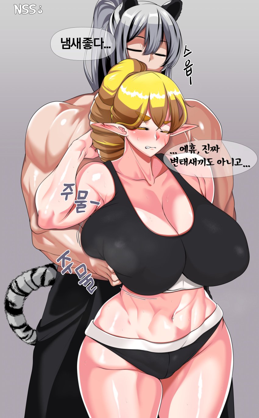 absurd_res animal_humanoid big_breasts biped blonde_hair blush breasts clothed clothing dialogue duo elf eyebrows female grey_background hair hand_on_breast hi_res humanoid humanoid_pointy_ears male male/female markings navel not_furry pointy_ears simple_background speech_bubble striped_markings striped_tail stripes tail tail_markings text thick_thighs translated wirberlwind