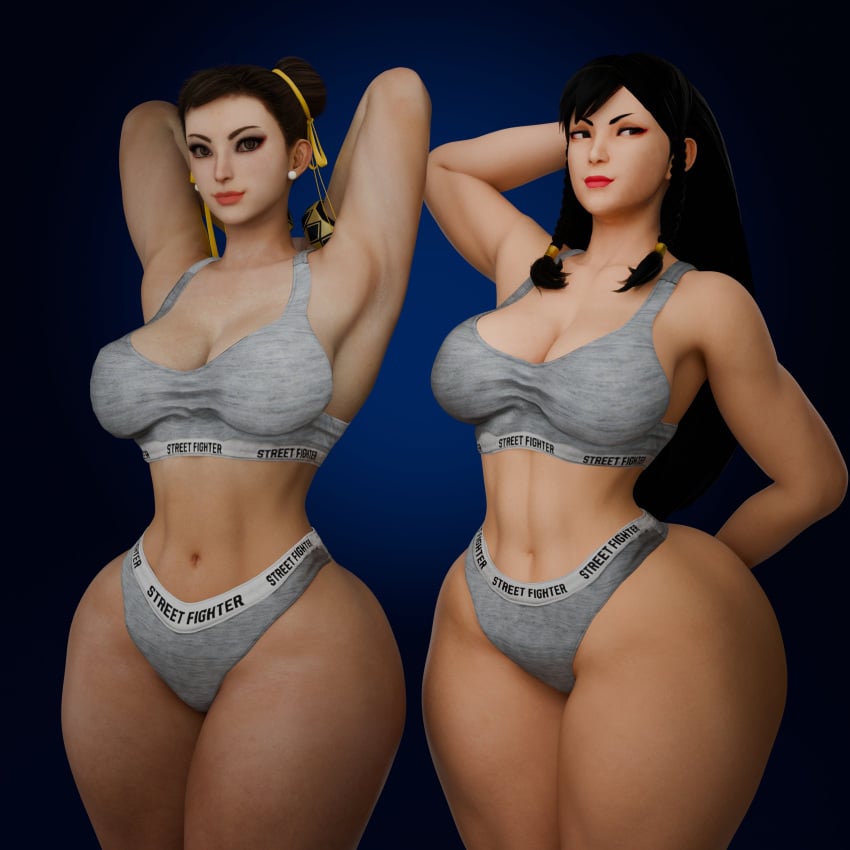 2girls 3d 3d_(artwork) absurd_res alternate_hairstyle asian asian_female ass big_breasts bra breasts brown_hair cameltoe capcom chun-li cpt-flapjack curvaceous erect_nipples female female_focus female_only hard_nipples lieutenant_flapjack long_hair muscular muscular_arms muscular_female panties solo solo_female solo_focus sportswear street_fighter street_fighter_6 street_fighter_v thick_thighs thighs wide_hips