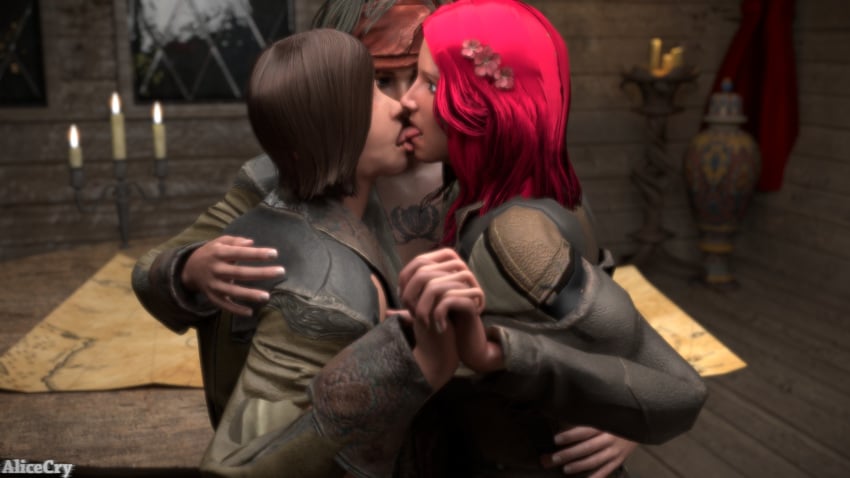 1boy 2girls 3d alicecry anne_bonny assassin's_creed_(series) assassin's_creed_iv:_black_flag black_hair brown_hair flower_in_hair hand_holding hand_on_shoulder kissing life_is_strange mary_read red_hair tattoo tongue_kiss tongue_out ubisoft warren_graham