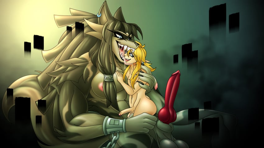 absurd_res ahegarou animal_genitalia animal_penis anthro big_dom_small_sub blonde_hair blue_eyes bodily_fluids breath_of_the_wild canine_genitalia canine_penis dominant drooling duo ear_piercing ear_ring femboy genitals hair hi_res human human_on_anthro humanoid hyper interspecies knot licking link long_hair male male/male mammal muscular nintendo pecs penis piercing ponytail ring_piercing saliva sharp_teeth size_difference teeth the_legend_of_zelda tongue twilight_princess wolf_link