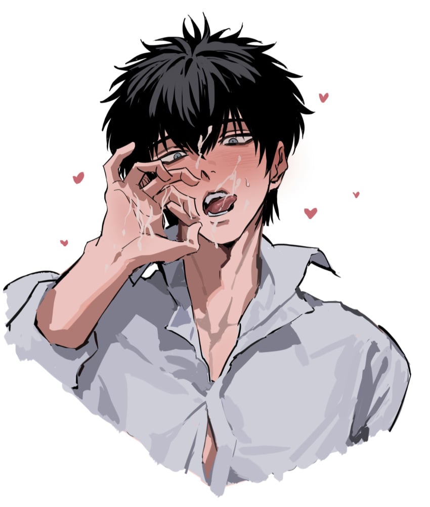 1boy after_fellatio after_oral black_hair blue_eyes blush cum cum_in_mouth cum_on_face cum_on_hair cum_on_hand dress_shirt facial fellatio_gesture gay gintama hijikata_toshiro hsixxx looking_at_viewer male male_focus male_only no_background obscene_gesture open_mouth solo solo_focus solo_male sweatdrop tongue_out upper_body white_background yaoi