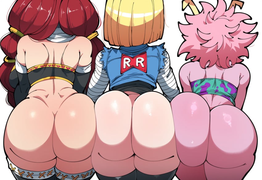 3girls ai_generated android android_18 ass ass-to-ass ass_focus big_ass bubble_butt crossover dat_ass dragon_ball dragon_ball_super dragon_ball_z fairy_tail gyatt huge_ass irene_belserion mina_ashido mullon multiple_girls my_hero_academia novelai pink_body robot robot_girl trio