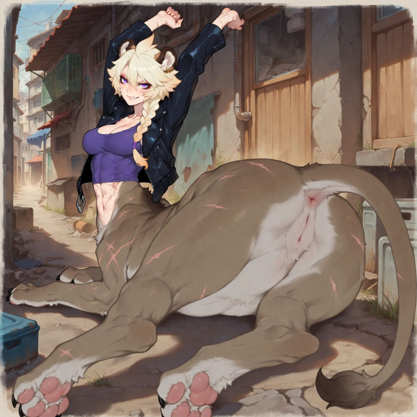 1female 1girls abs ai_generated animal_ears animal_tail anonymous_artist anus ass blonde_female blonde_hair claws cleavage earrings female female_abs girl leather_jacket lion lion_tail monster_girl panthera pantherine paw_pads paws purple_eyes purple_shirt pussy scars scars_all_over solo solo_female solo_girl stretching tagme tail taur