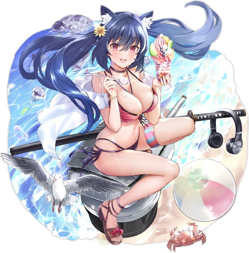 ashigara_(azur_lane) azur_lane ball beach beachball big_breasts bikini blue_hair bra cat_ears cleavage game heels ice_cream katana official_art orange_eyes swimsuit