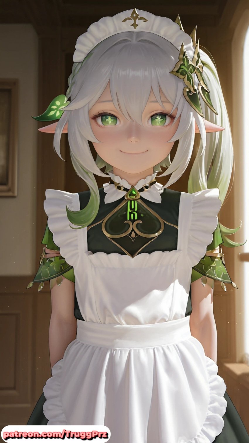 ai_generated genshin_impact looking_at_viewer maid maid_headdress nahida_(genshin_impact) pointy_ears smile standing white_hair