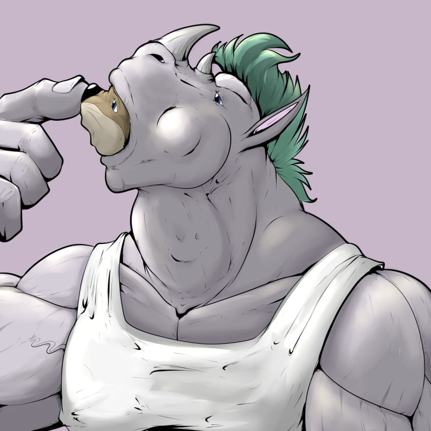 anthro blue_eyes clothing duo fingernails green_hair grey_body grey_skin hair hi_res horn male male/male mammal muscular mustelid nails open_mouth oral_vore otter pandottermon prey_in_mouth rhinoceros shirt size_difference tank_top topwear vore