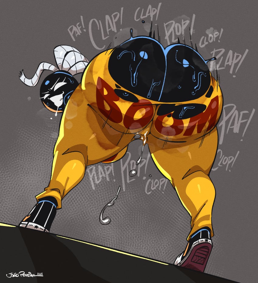 1girls ass ass_clapping ass_cleavage big_ass black_body bomb bomb_gal_(androjuniarto) bomb_girl bomb_humanoid bottom_heavy bubble_butt butt_crack clapping_cheeks dat_ass fanart fat_ass female female_only huge_ass joaoppereiraus large_ass looking_at_viewer looking_back massive_ass musk musk_clouds original original_character ripped_clothing solo sweat sweaty_ass sweaty_body text_on_clothing thick_ass thick_thighs twerking vaginal_fluids wet wet_pussy wide_hips