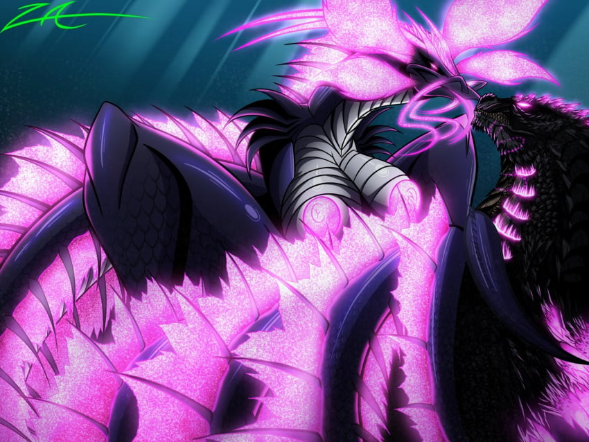 bedroom_eyes fingers fins glowing_eyes glowing_genitalia godzilla_(series) godzilla_vs_kong godzilla_x_kong:_the_new_empire grey_body licking on_top pink_eyes pink_nipples purple_body purple_skin scales serpentine spikes teeth tiamat_(kaiju) tiamat_(monsterverse) underwater wrapped wrapped_up znackyartz