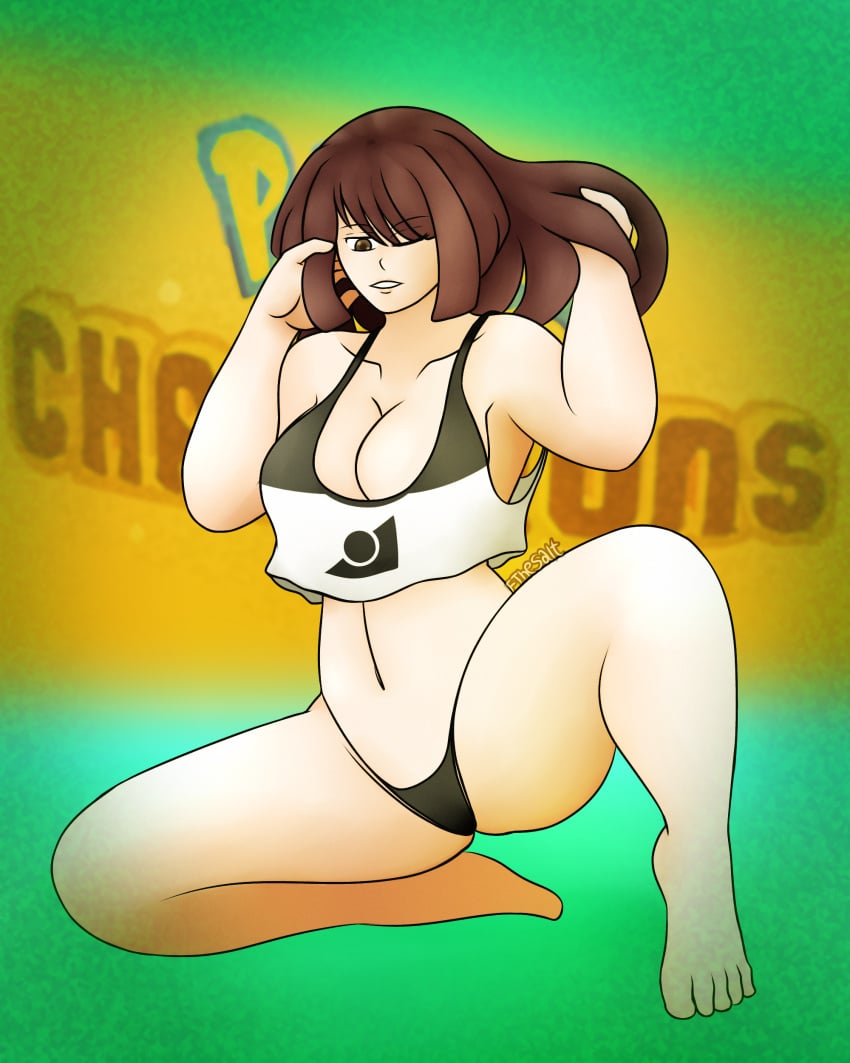 1girls big_breasts brown_eyes brown_hair crop_top female_protagonist_(pokemon_champions) fthesalt green_background hand_on_hair long_hair looking_down nintendo pokemon pokemon_champions signature tagme thick_thighs thong yellow_background