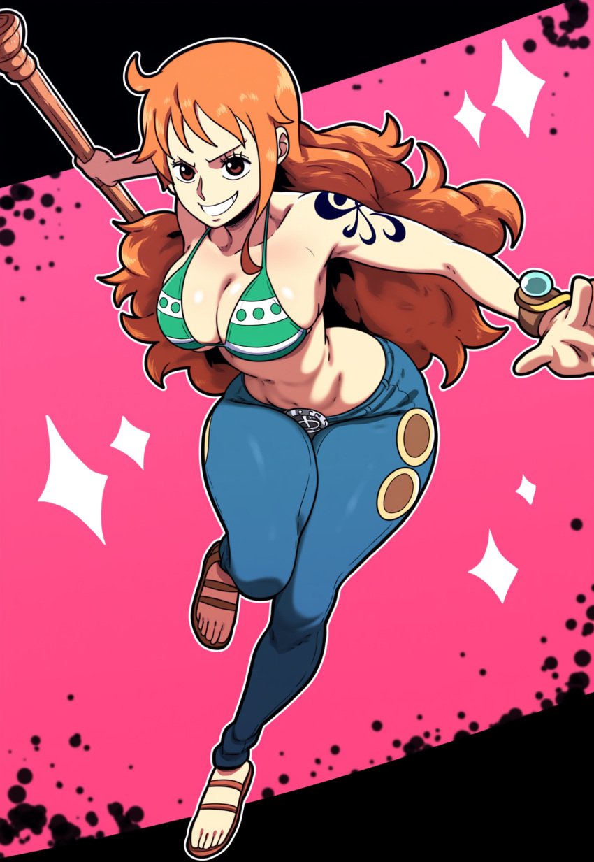 ai_generated bikini clothing d-art_style female female_only huge_ass huge_breasts jeans lubbasdump nami nami_(one_piece) one_piece orange_hair smile wide_hips