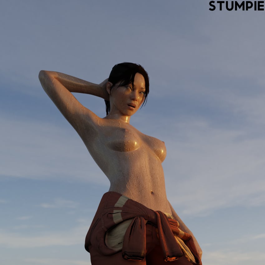 3d asian asian_female blue_eyes blue_eyes_female blush blush brown_hair brown_hair_female chell medium_ass nude_female pale-skinned_female pale_skin ponytail ponytail_female portal_(series) portal_2 pose posing posing_for_the_viewer stumpie sweat sweating sweating_female sweaty