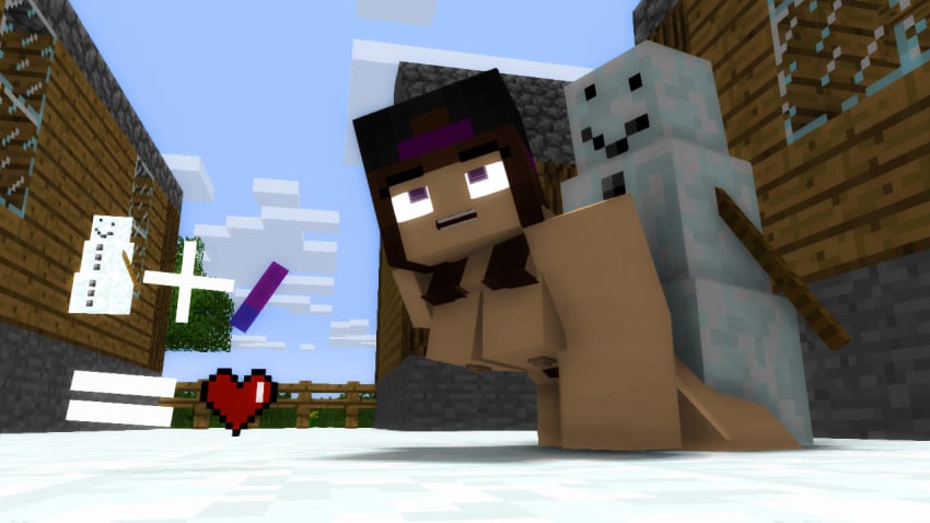 1boy 1boy1girl 1girls 3d big_breasts brown_hair cubic_breasts doggy_style male_penetrating minecraft nude outdoors purple-magic purple_eyes snow snow_golem snowman straight tagme