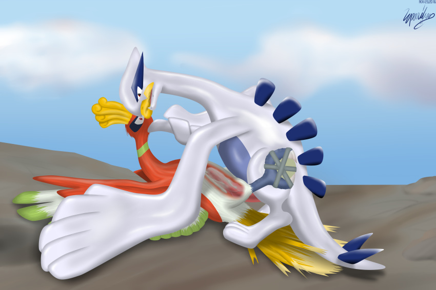 10s 1boy 1girls 2016 3_toes 5_fingers absurd_res algol_(lugia) animal_genitalia antare_iii avian beak belly big_penis bird blue_skin claws cloaca cloacal_penetration cloud cum cum_inside cum_on_penis cum_while_penetrated deep_penetration ejaculation eparihser eye_contact feathered_wings feathers feet female feral fin forced forced_kiss hi_res ho-oh internal interspecies kissing legendary_pokémon lugia lying male missionary_position nintendo on_back orgasm original_character penetration penis pink_penis pokemon pokemon_(species) rape red_eyes saliva sex sharp_claws tail_feathers talons text thick_penis toes veins veiny_penis video_games wings