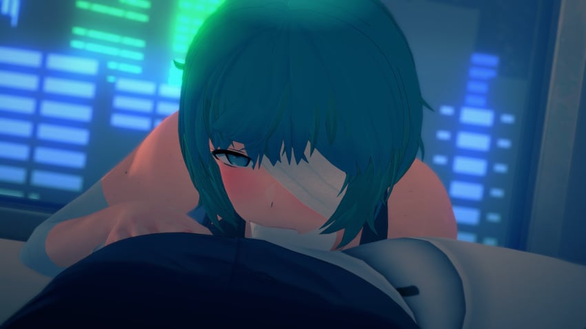 1boy 1boy1girl 1girls 3d all_the_way_to_the_base big_penis blowjob blush bottomless cyan_hair eyepatch fellatio female half-closed_eyes koikatsu large_penis light-skinned_female light_skin looking_at_viewer male medium_hair oral oral_sex pale-skinned_male pale_skin partially_clothed penis pov sei_asagiri spiritofrei va-11_hall-a