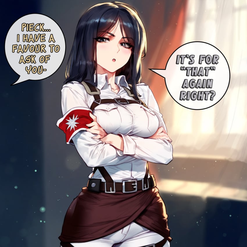 absurd_res absurdres ai_generated attack_on_titan black_hair blush color commentary darklust dialogue english english_commentary english_dialogue english_text female hi_res high_resolution highres human large_breasts motion_blur motion_lines novelai pieck_finger reiner_braun self_upload shingeki_no_kyojin speech_bubble speed_lines sweat tagme text uncensored