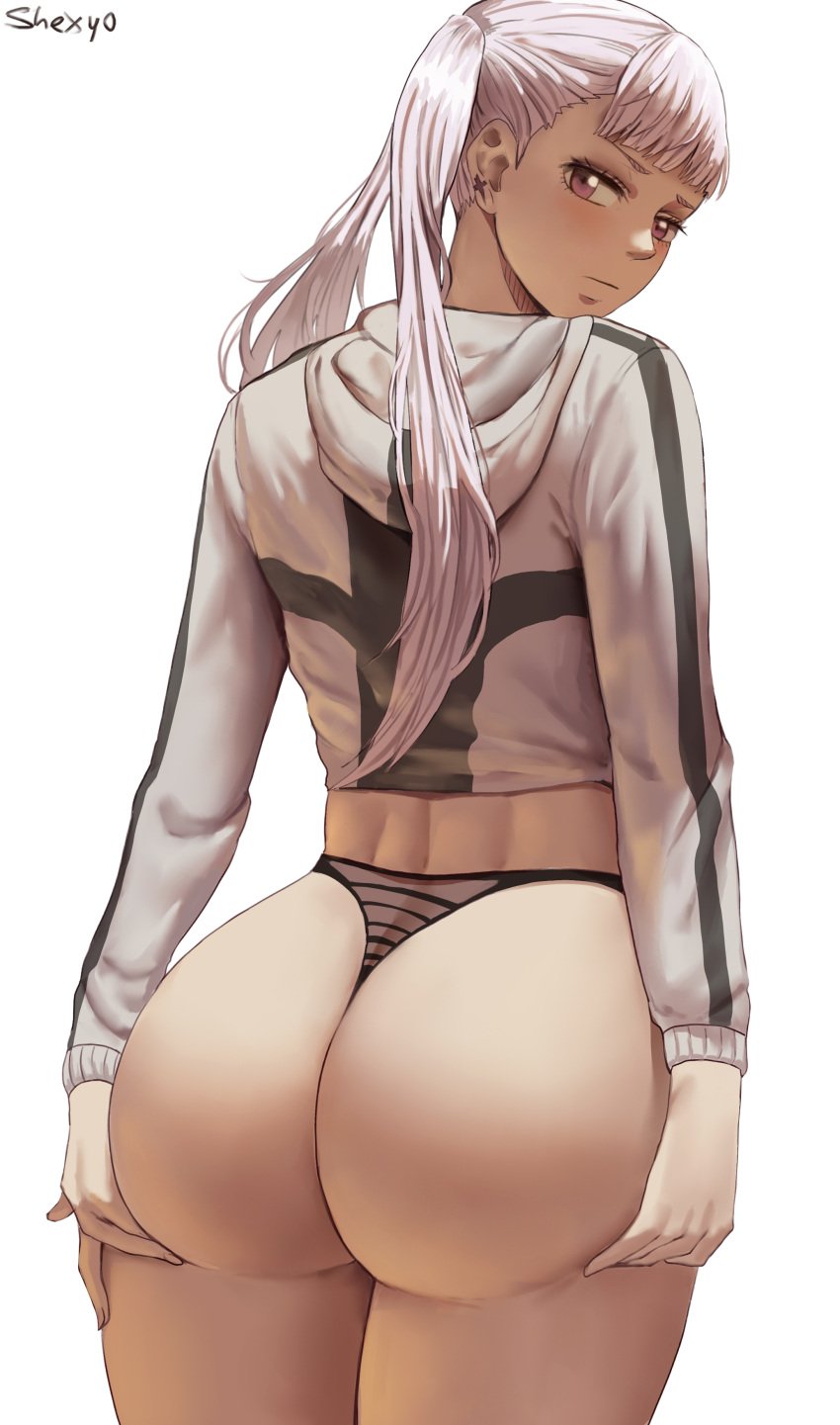 1girls 2021 artist_signature ass ass_cheeks ass_focus ass_shot ass_support back back_view black_clover black_thong bubble_butt female female_focus female_only hi_res hooded_jacket huge_ass jacket long_hair long_sleeves looking_at_viewer looking_back looking_over_shoulder no_pants noelle_silva purple_eyes reaching_back shexyo shounen_jump striped_panties teenager thick_thighs thighs thong twintails white_background white_hair white_jacket