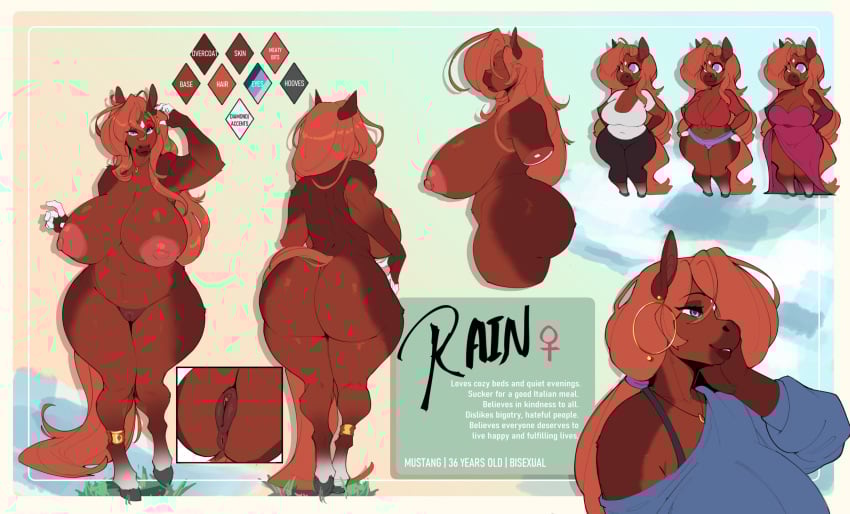 animal_genitalia anklet anthro anus areola ass big_breasts big_butt blue_eyes breasts clothed clothing digital_media_(artwork) ear_piercing ear_ring english_text equid equine equine_genitalia faizenek female fur genitals grass hair hi_res hooves horse huge_breasts huge_butt inu-sama jewelry looking_at_viewer mammal model_sheet nipples nude piercing plant pussy rain_(inu-sama) ring_piercing simple_background smile solo standing tail text the_dogsmith thick_thighs wide_hips