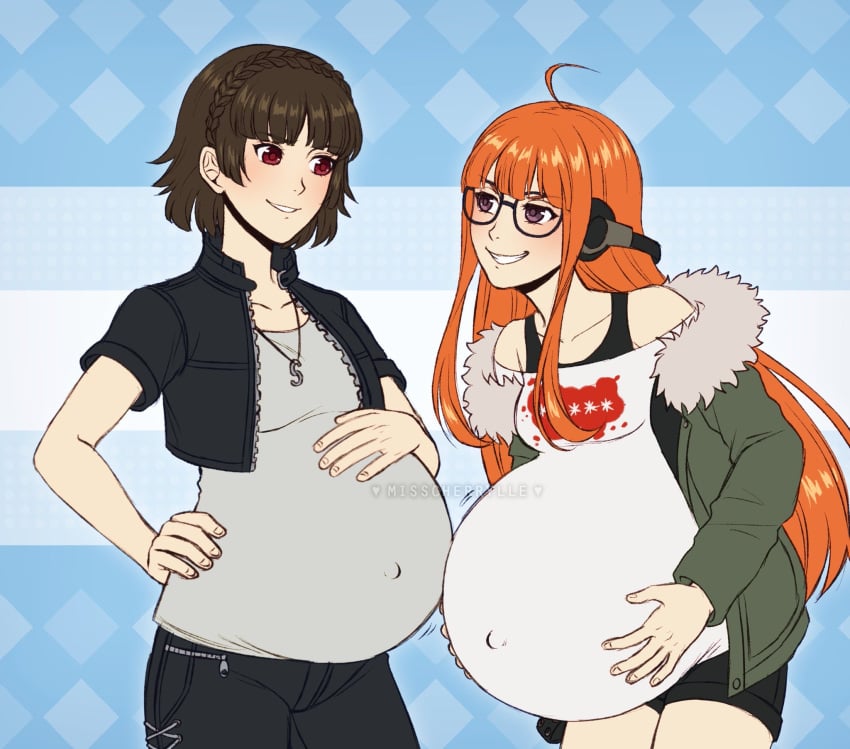 2girls glasses hand_on_own_stomach headphones hyper_belly long_hair makoto_niijima misscherrylle multiple_pregnancies persona persona_5 pregnant ready_to_pop red_eyes red_hair sakura_futaba smug