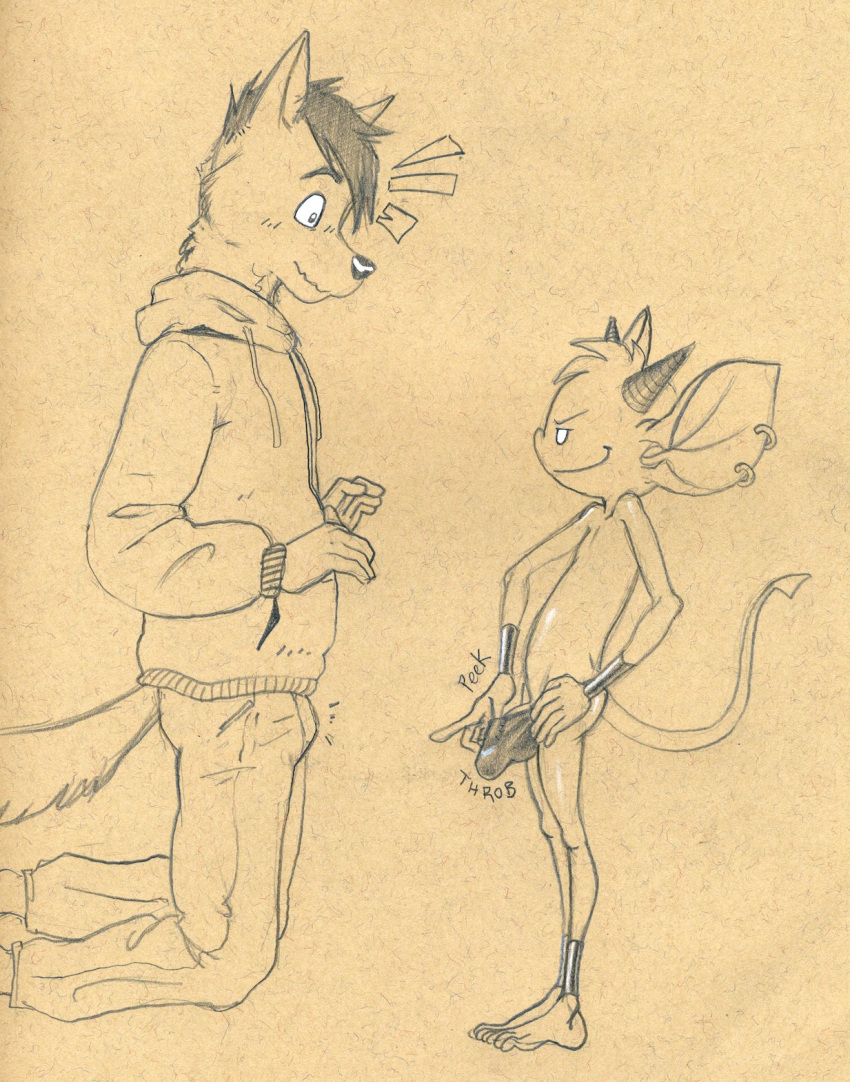 anthro barefoot bulge canine clothing duo exposing g-string horn imp kneeling male male_only mammal monochrome pencil_(artwork) penis penis_outline side_view size_difference smile smirk sound_effects tenting traditional_media_(artwork) tush tush_(character) underwear underwear_pull wide_eyed wolf