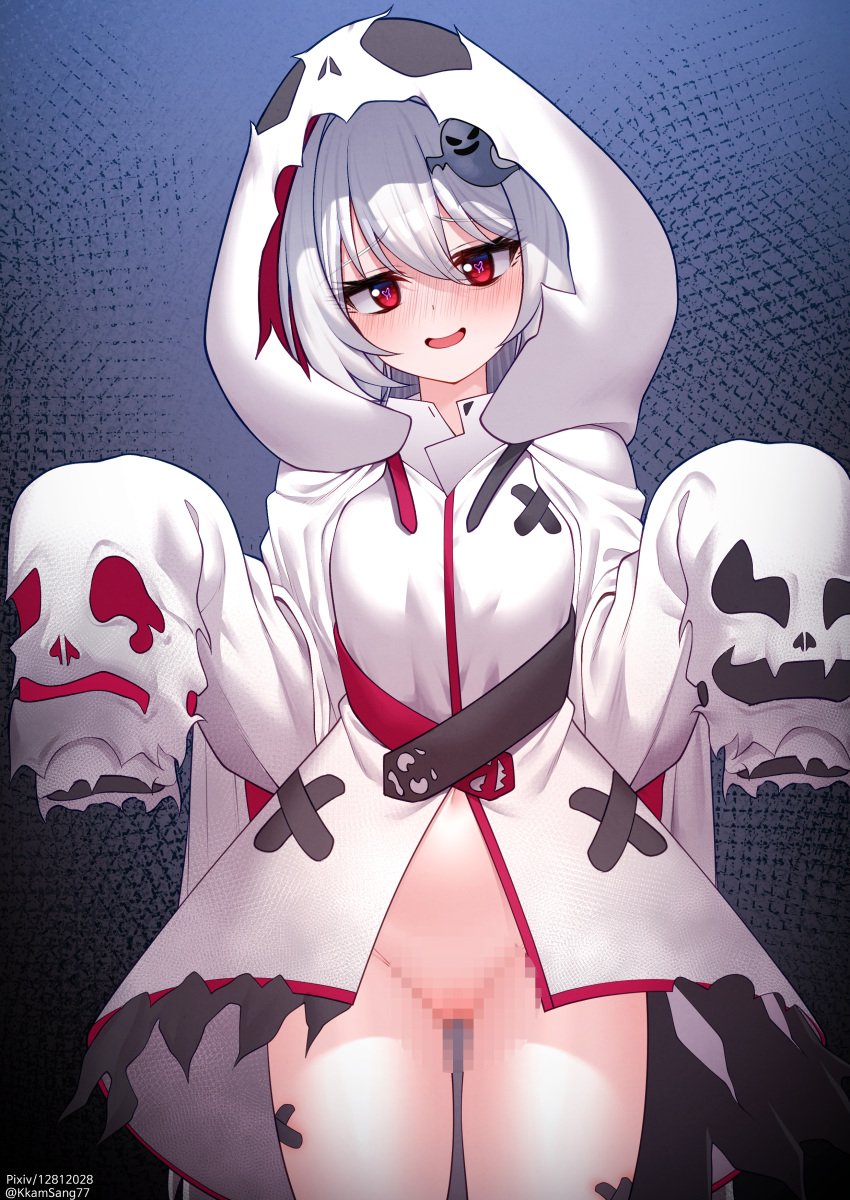 absurdres blush censored commission cowboy_shot female ghost_costume ghost_hair_ornament grey_hair groin hair_between_eyes highres hood hood_up hooded_jacket jacket kkam-sang long_sleeves looking_at_viewer mosaic_censoring open_mouth original pixiv_id pussy red_eyes shirt sleeves_past_fingers sleeves_past_wrists smile solo standing twitter_username white_jacket white_shirt