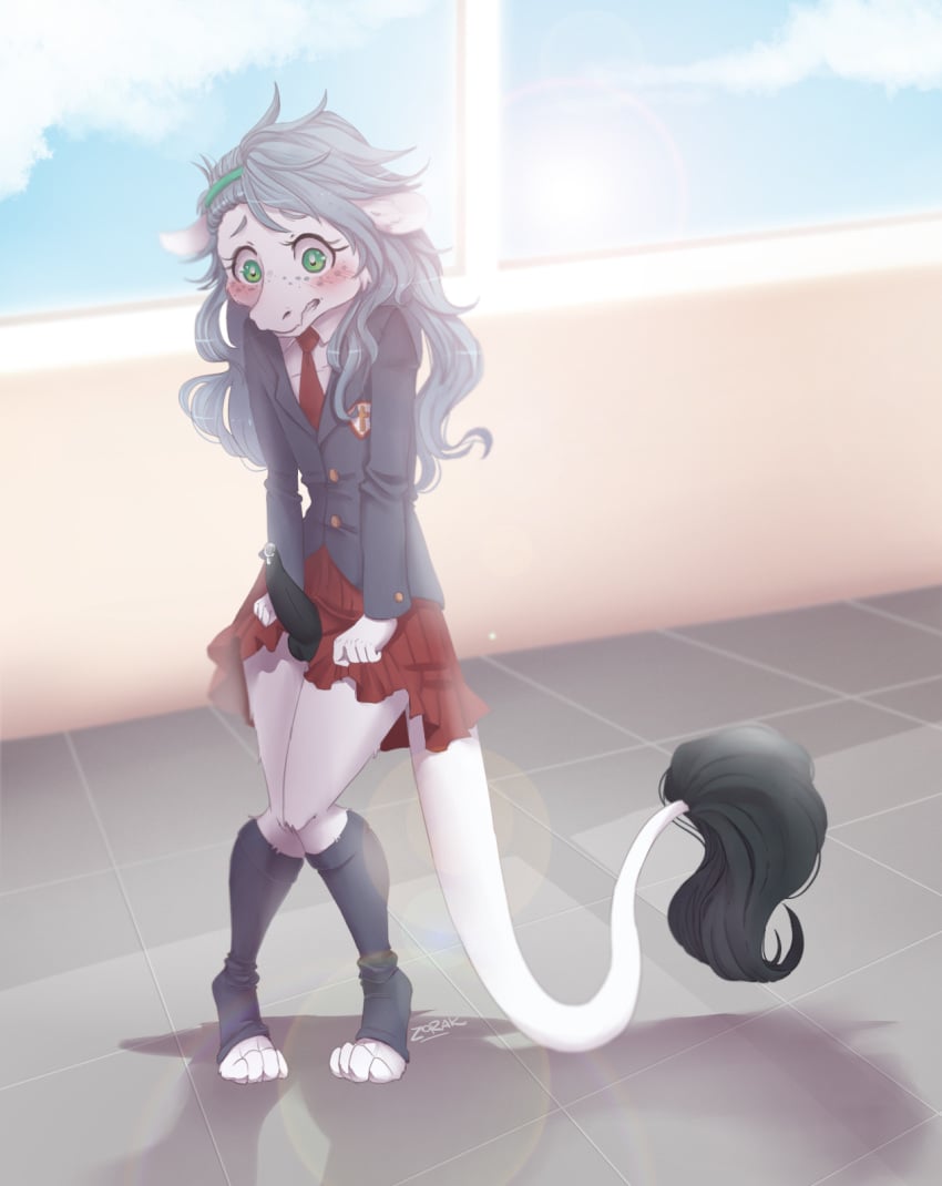 1futa 2016 animal_genitalia balls bangs black_penis bottomless_skirt clothed clothing dragon embarrassed erection erection_under_clothes erection_under_skirt eyelashes flat_chest freckles fur futa_only futanari green_eyes grey_hair hair hairband hybrid inside legwear long_hair mammal mustelid necktie no_panties penis penis_out penis_under_clothes penis_under_skirt precum precum_drip school_uniform signature skirt skirt_lift skirt_pull small_balls socks solo standing sunlight tail_tuft toeless_socks tuft uniform vont_min weasel white_fur window zorak_(artist)