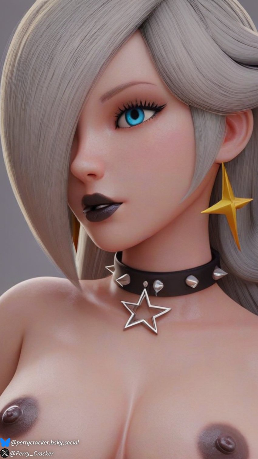 1girls 3d ai ai_generated black_lips black_lipstick black_nipples blue_eyes bluesky_username breasts close-up close_up collar earrings female female_focus female_only goth goth_girl grey_background grey_hair mario_(series) naked naked_female nintendo nipples nude nude_female perry_cracker princess_rosalina spiked_collar super_mario_galaxy twitter_username watermark