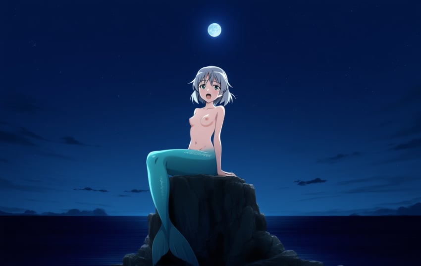 1girls ai_generated cloud full_body full_moon medium_breasts mermaid mermaid_tail merman monster_girl monsterification night night_sky nipples novelai nude ocean open_mouth outdoors rock sanya_v._litvyak short_hair sitting solo stars strike_witches white_hair world_witches_series