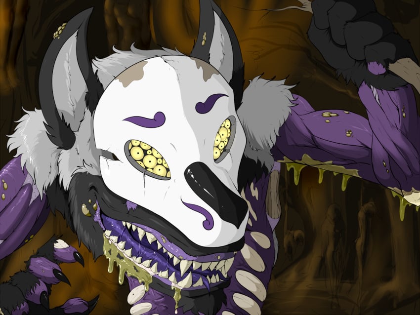 anthro black_body black_fur creepy_face demon ears_up exposed_muscle fur grey_body grey_fur male mask monster multi_eye pandottermon purple_tongue scary sharp_teeth slime solo swamp teeth tongue ugly_bastard