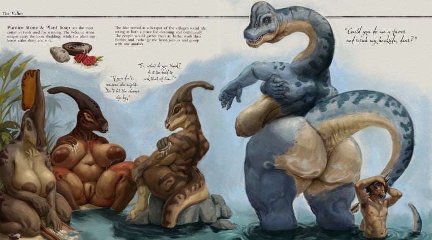 absurd_res anthro ass bathing bathing_together big_butt blue_body brachiosaurid brachiosaurus breana_(upai) breasts brown_body casual_nudity cellulite charonosaurus dialogue dinosaur duo english_text extreme_size_difference female genitals grey_body grey_scales hadrosaurid hi_res huge_butt human human_on_anthro interspecies larger_anthro larger_female long_neck male mammal nipples non-mammal_breasts non-mammal_nipples nude obese obese_female olorotitan onola_(upai) ornithischian ornithopod overweight overweight_anthro overweight_female pangaea_(upai) partially_submerged personal_grooming prehistoric_species pussy rear_view red_body reptile sauropod sauropodomorph scales scalie sereana_(upai) sitting size_difference smaller_human smaller_male standing_in_water striped_body stripes tail text thick_tail thick_thighs upai washing_clothes