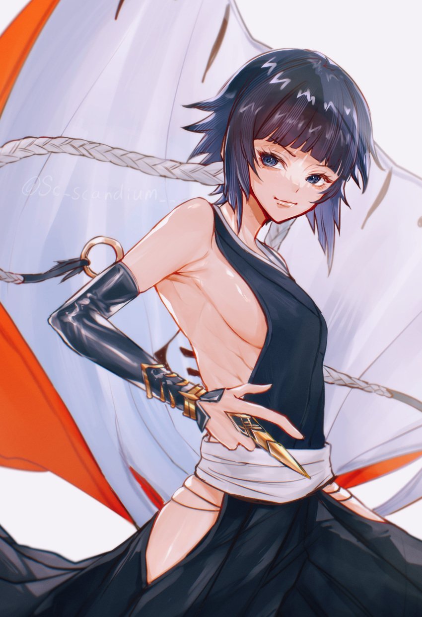 1girls black_hair bleach clothed clothing elbow_gloves female female_focus female_only grey_eyes light-skinned_female light_skin sc_scandium shihakusho short_hair short_hair_with_long_locks sideboob slim_waist small_breasts soifon solo thick_thighs thighs thin_waist waist_sash