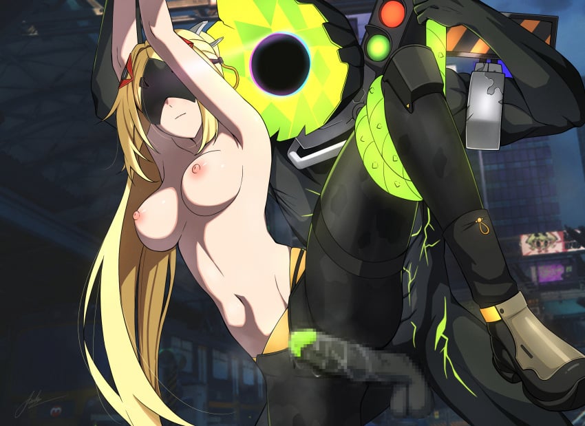 aoikito_lavender086 arms_up black_boots black_pants blonde_hair boots breasts censored closed_mouth commentary english_commentary ethereal_(zenless_zone_zero) eye_mask female highres imminent_rape large_breasts long_hair monster mosaic_censoring navel night nipples outdoors pants penis stomach straight topless trigger_(zenless_zone_zero) zenless_zone_zero