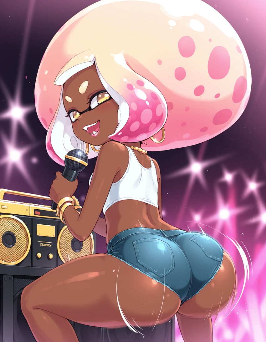 afro ai_generated ass ass_shake boombox bracelet bracelets clothed clothing concert dark-skinned_female dark_skin holding_microphone hoop_earrings jean_shorts microphone pearl_(splatoon) race_swap shorts splatoon splatoon_3 twerking yellow_eyes