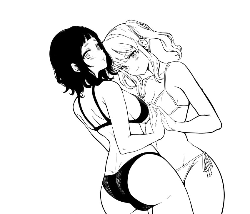 2girls ass big_ass big_breasts bikini black_hair breasts busty cleavage fat_ass female female_only highres holding_hands huge_ass kuroki_yuushin large_breasts legs looking_at_viewer medium_hair model modeling monochrome multiple_girls navel original original_character original_characters parted_lips pose posing seductive seductive_look seductive_smile sensual side-tie_bikini_bottom sideboob sketch smile swimsuit thighs twintails voluptuous