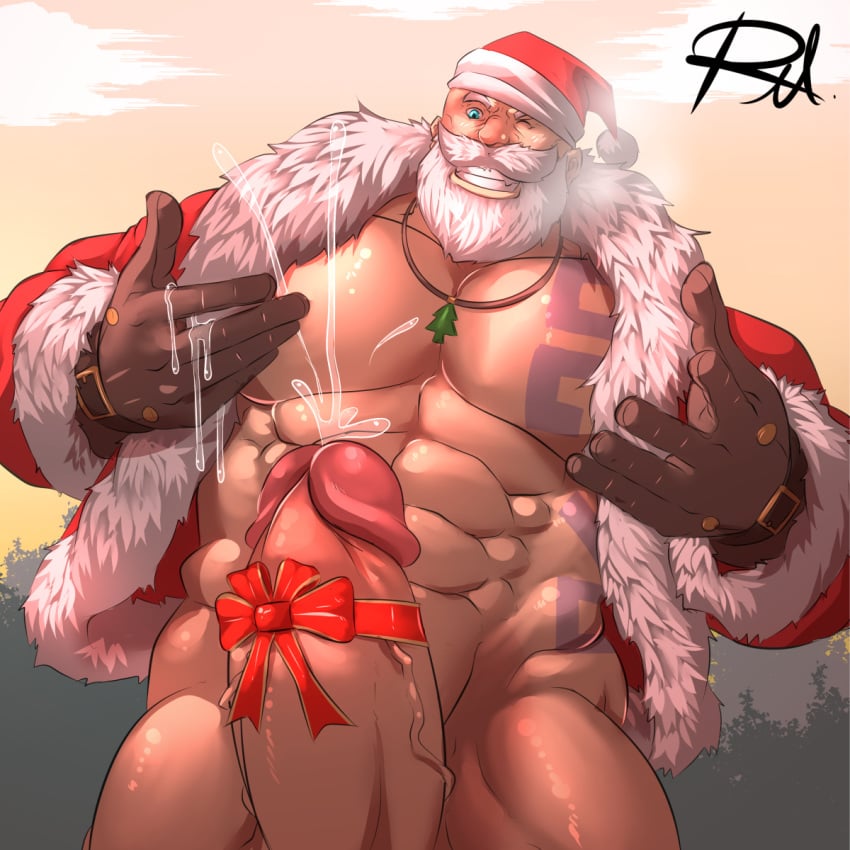 1boy abs bara beard boner braum cum ejaculation erection league_of_legends male_only muscle orgasm outdoors pecs penis reclamon santa_braum smile snowdown_showdown_series solo steam teeth testicles white_beard white_hair wince