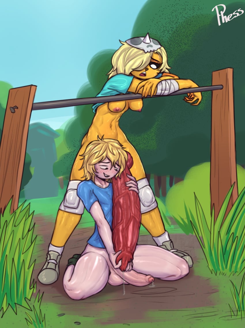 1boy 1futa adventure_time animal_genitalia animal_penis anthro big_penis blonde_hair breasts bronwyn cartoon_network clothed clothing dog_penis erection finn_the_human futa_is_bigger futa_on_male futanari grabbing grabbing_penis hair_over_one_eye huge_cock human large_penis lewdphess male medium_breasts nipples one_eye_covered open_mouth partially_clothed penis_grab phess short_hair vein veiny_penis