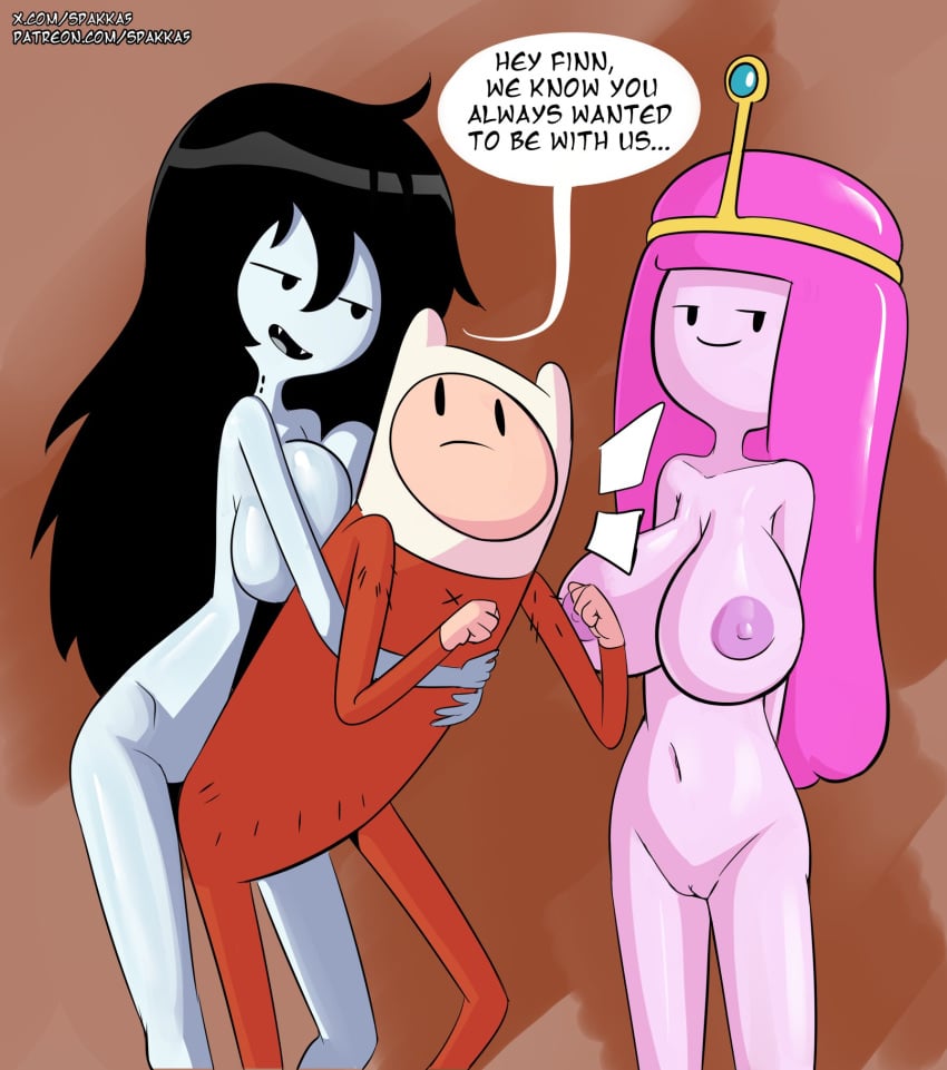 1boy 2girls adventure_time black_hair breasts colored_skin english_text finn_the_human grabbing grabbing_from_behind grey_body grey_skin huge_breasts long_hair looking_at_viewer marceline marceline_abadeer nipples nude nude_female pink_body pink_hair pink_skin princess_bubblegum pussy spakka5 speech_bubble vampire vampire_girl