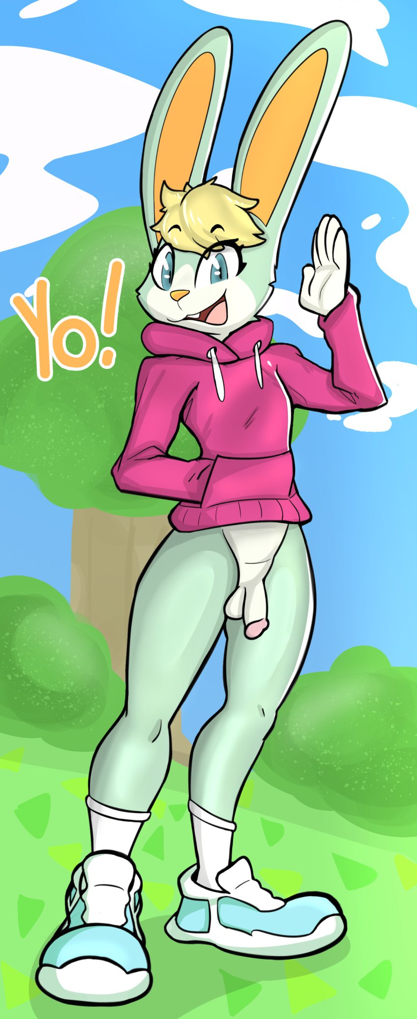 absurd_res animal_crossing anthro clothed clothing cloud femboy flaccid footwear fur genitals green_body green_fur greeting happy hi_res jacket jjeoe lagomorph leporid male mammal navel nintendo outside partially_clothed penis plant rabbit sasha_(animal_crossing) shoes smile sneakers socks solo topwear tree