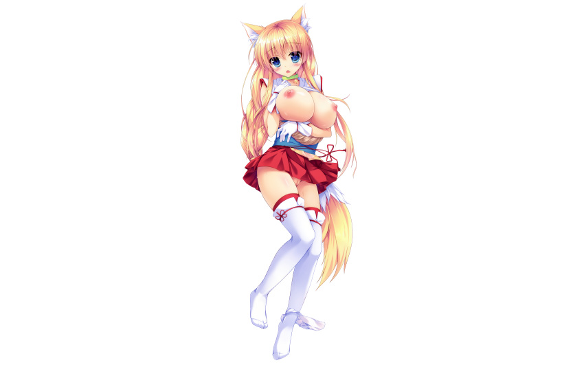 animal_ears blonde_hair blue_eyes breast_hold breasts kemomimi_slave kinokomushi long_hair nipples no_bra open_clothes open_shirt panties photoshop pussy shirt thighhighs uncensored underwear white_background