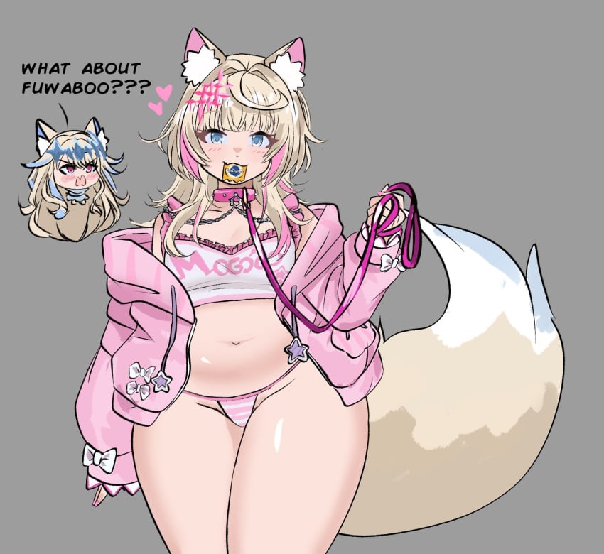 2girls animal_ears condom condom_in_mouth fuwamoco fuwawa_abyssgard hips_wider_than_shoulders hololive hololive_english hololive_english_-advent- leash mococo_abyssgard paulozadias peagade tail thick_hips thick_thighs twins virtual_youtuber wide_hips