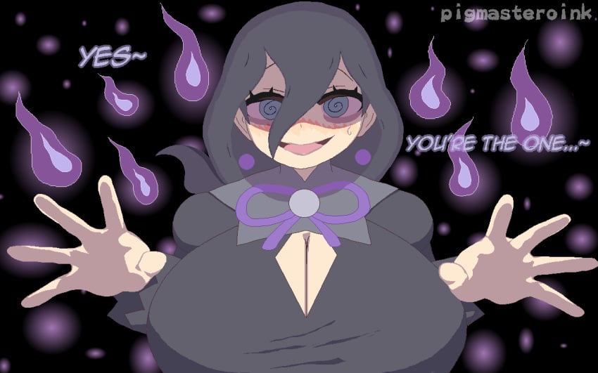 1girls big_breasts black_hair breasts cleavage clothed clothed_female clothing dialogue english english_text game_freak hex_maniac hex_maniac_(z-a) huge_breasts jumpscare looking_at_viewer nintendo pigmasteroink pixel_art pokemon pokemon_legends:_z-a purple_eyes smile smiling_at_viewer spiral_eyes tagme takorin_style text