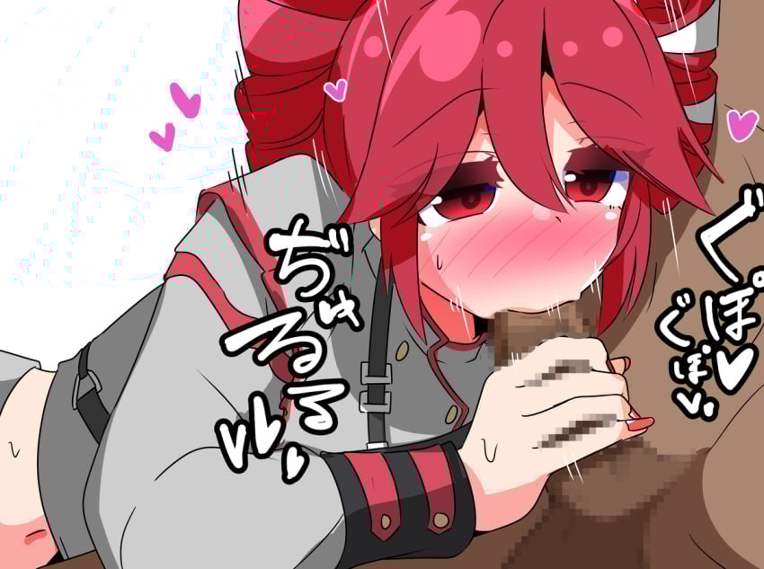 1boy 1girls 2d 2d_(artwork) :&gt;= blowjob blur_censor blush censored crop_top dark-skinned_male exposed_midriff fellatio female hair_ornament heart hearts_around_head japanese_text kasane_teto kasane_teto_(sv) magujiyai male navel oral oral_sex painted_nails penis red_eyes red_hair sex straight sucking_penis sweat sweating synthesizer_v twin_drills utau