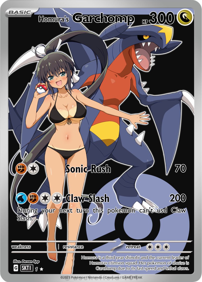 bikini black_bikini brown_hair garchomp hair_ribbon homura_(senran_kagura) lv99slime pokeball pokemon pokemon_card senran_kagura