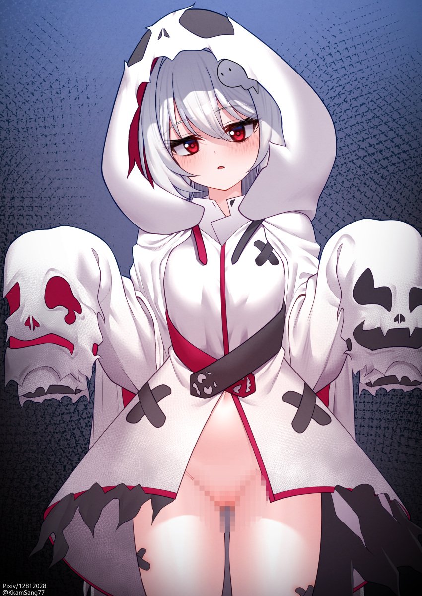 absurdres blush censored commentary commission cowboy_shot female ghost_costume ghost_hair_ornament grey_hair groin hair_between_eyes highres hood hood_up hooded_jacket jacket kkam-sang long_sleeves looking_at_viewer mosaic_censoring original parted_lips pixiv_id pussy red_eyes shirt sleeves_past_fingers sleeves_past_wrists solo standing twitter_username white_jacket white_shirt