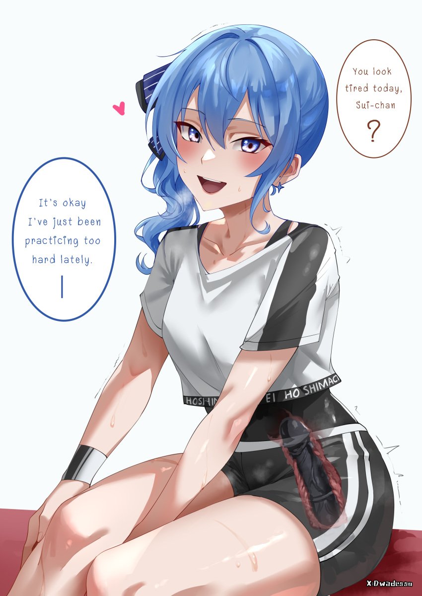 :d absurdres anal anal_object_insertion black_leotard blue_eyes blue_hair blush clothes_writing crop_top dildo dwadessu earrings english_text female highres hololive hololive_dance_practice_uniform hololive_gen_0 hololive_japan hoshimachi_suisei jewelry leotard leotard_under_clothes looking_at_viewer object_insertion open_mouth sex_toy short_shorts shorts side_ponytail sitting smile solo speech_bubble star_(symbol) star_earrings star_in_eye sweat symbol_in_eye thighs trembling virtual_youtuber wristband x-ray