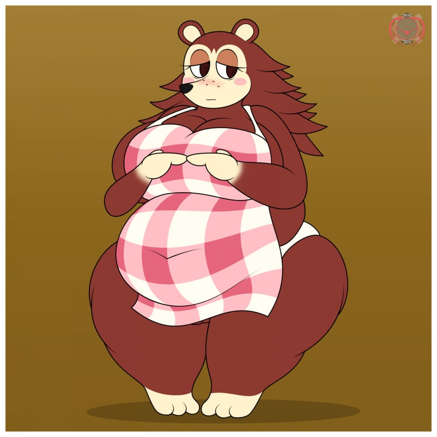 1girls animal_crossing anthro apron apron_only ass belly bottomless bottomless_female breasts brown_fur brown_hair chubby chubby_female cleavage fat female female_focus female_only furry hedgehog hedgehog_humanoid hips large_ass large_breasts nintendo overweight overweight_female pussy s0rcius sable_able shy shy_expression stomach thick_thighs thighs vagina wide_hips