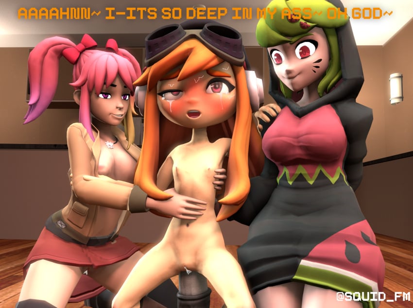 ahe_gao blushing deep_penetration dildo_in_ass dildo_penetration dildo_riding flat_chest flat_chested giant_penis helping horsecock_dildo meggy_spletzer melony_(smg4) penis_in_ass pushed_down pushing_down saiko_bichitaru_(smg4) smg4 tearing_up tears tears_of_pleasure wet_pussy