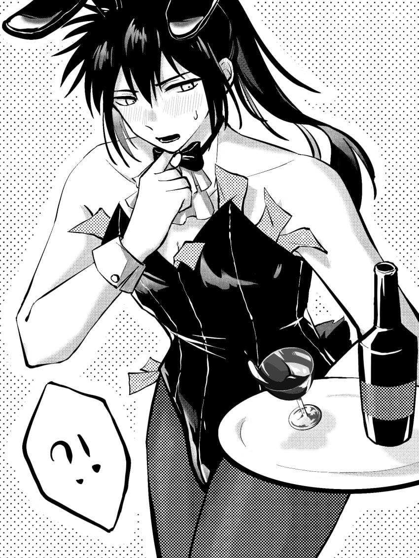 !? ?! aged_down alcohol alternate_costume androgynous blush bowtie bunny_boy bunny_ears bunnysuit crossdressing dollar_bills femboy fishnets gintama halftone hijikata_toshiro long_hair long_hair_male male male_only male_playboy_bunny money money_under_clothes monochrome official_alternate_hairstyle pantyhose ponytail screentone solo sweatdrop tray twink waiter wine wine_bottle wine_glass