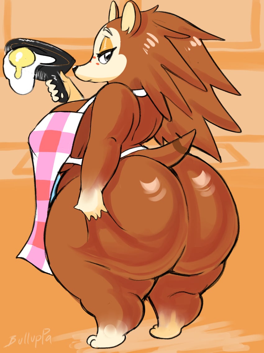 1girls animal_crossing anthro apron apron_only ass breasts brown_fur brown_hair bulluppa chubby chubby_female female female_focus female_only frying_pan furry grabbing_ass grabbing_own_ass hedgehog hedgehog_humanoid hips large_ass large_breasts nintendo nipple_bulge sable_able skillet sunny_side_up_egg thick_thighs thighs wide_hips